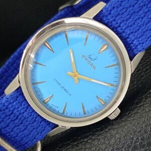 Vintage 1988 Enicar Automatic Mens Silver Watch & Blue accents